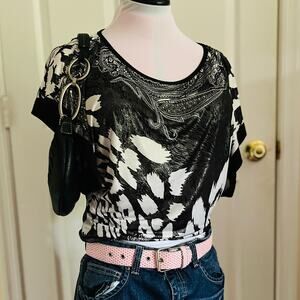 VTG Y2K Moa Moa | Black + White Paisley Animal Print Slinky Metallic Top | S